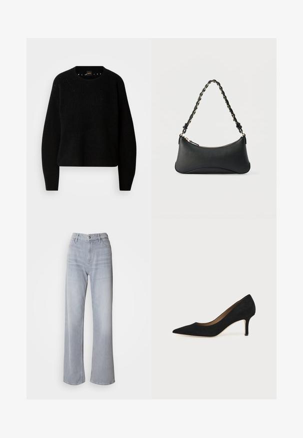 Sort strik sweater med rund hals og ribbet tekstur. Har subtil detaljering omkring halsudskæringen og lange, lige ærmer.; Lys grå vidde jeans med høj talje, lavet af denim. Har forlommer, lynlås og subtil falmen over det hele.; Sort ruskind spids tå højhælet pumpe med en slank mellemhøj stilethæl og et lavt snit på en ensfarvet baggrund.; Sort skuldertaske i læder med en buet rektangulær form, gyldent kæde vævet ind i en flettet sort rem og toplynlås.