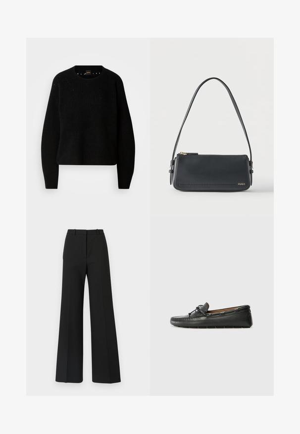 Sort strik sweater med rund hals og ribbet tekstur. Har subtil detaljering omkring halsudskæringen og lange, lige ærmer.; Sorte buks med vide ben og skræddersyet design, der har en glat tekstur og subtile plisseringer foran. Ingen synlige detaljer eller mønstre.; Sorte læder bådsko med afrundet tå, stikninger, lille sløjfedetalje og gummisål. Glat tekstur og strømlinet design.; Sort rektangulær skuldertaske i læder med guld lynlås og lille guld "HUGO"-logo på fronten, med justerbar strop med spænde.