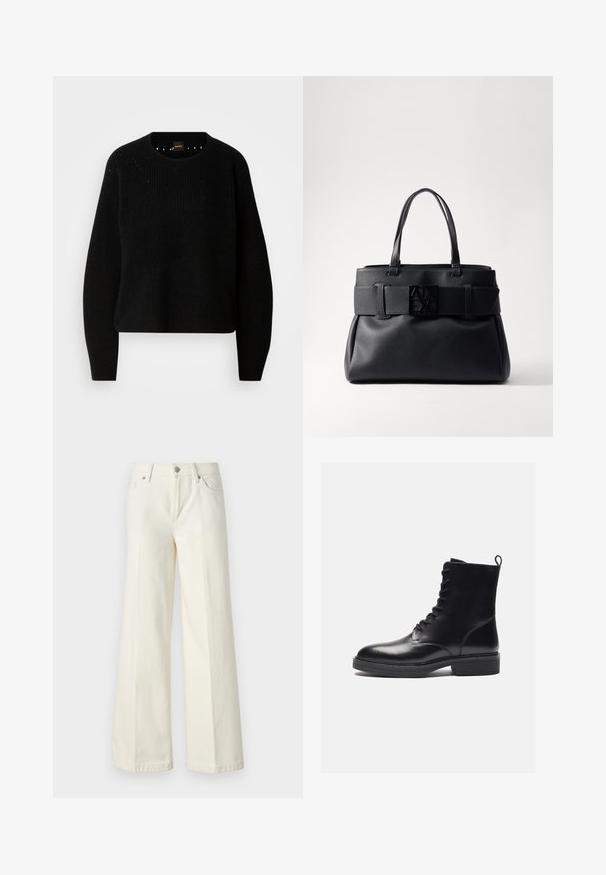 Sort strik sweater med rund hals og ribbet tekstur. Har subtil detaljering omkring halsudskæringen og lange, lige ærmer.; Videbenede hvide jeans lavet af en blanding af bomuldsstof. Har en lynlås i fronten, fem lommer og syninger langs sømmene.; Sort læder ankelstøvle med rund tå, snørebånd foran, grebstrop og tekstureret sål. Glat overflade og minimalistisk design.; Sort lædertaske med struktureret design, dobbelte top-håndtag, en bred bælte-accent og en firkantet logo-plade på fronten.