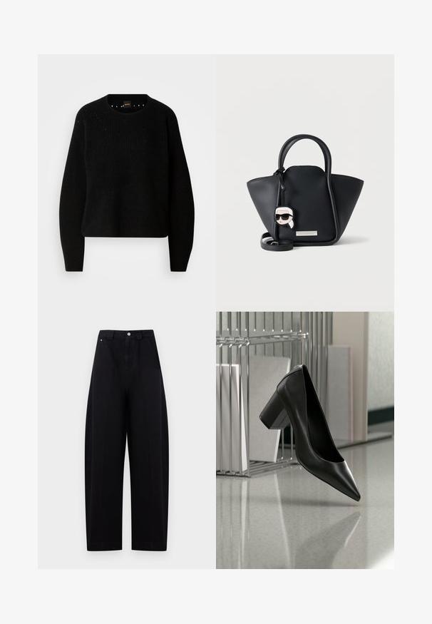 Pull en maille noir avec un col rond et une texture côtelée. Présente des détails subtils autour de l'encolure et des manches longues et droites.; Pantalon noir taille haute à jambes larges avec fermeture par bouton et zip devant, avec poches latérales et passants de ceinture sur un fond clair.; Chaussure à talon haut en cuir noir à bout pointu avec talon carré, suspendue au-dessus d'un sol réfléchissant près d'un organiseur métallique pour dossiers contenant des documents.; Sac à main en cuir noir avec poignées courbes, plaque de marque argentée et porte-clés cartoon d'une personne aux cheveux blancs et lunettes de soleil noires.