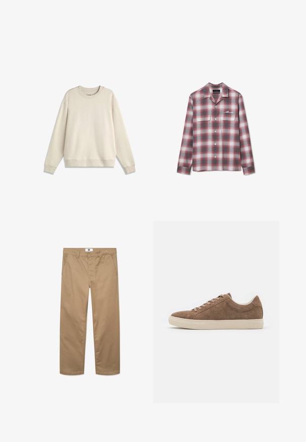 Sweat-shirt beige à col rond avec manches longues, poignets et ourlet côtelés, posé à plat sur un fond blanc.; Chemise en flanelle écossaise rouge et grise à manches longues, deux poches poitrine, fermeture à boutons et un logo brodé sur le côté gauche.; Pantalon en coton kaki avec une coupe droite, doté d'une fermeture à un bouton, de passants de ceinture et de deux poches latérales. Texture lisse.; Baskets décontractées en daim marron avec une silhouette basse, semelle en caoutchouc beige et six trous de lacet. Bout rond et design minimaliste.