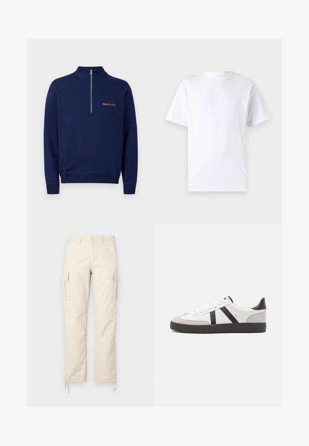 Marineblauwe trui met lange mouwen, een kwart rits aan de voorkant en kleine oranje tekst op de linkerborst met de tekst "Originals Studio."; Witte T-shirt met korte mouwen, gemaakt van katoen, met een ronde hals. Het heeft een gladde textuur en een eenvoudig ontwerp zonder patronen of accenten.; Beige cargobroek van een katoenen mix. Kenmerken zijn onder andere twee zijzakken, een rechte pijpdesign en verstelbare trekkoorden aan de zoom.; Witte sneaker met zwarte en grijze accenten, voorzien van een grijze neus met textuur, zwarte rubberen zool en platte witte veters. Schoon ontwerp, minimalistische stijl.