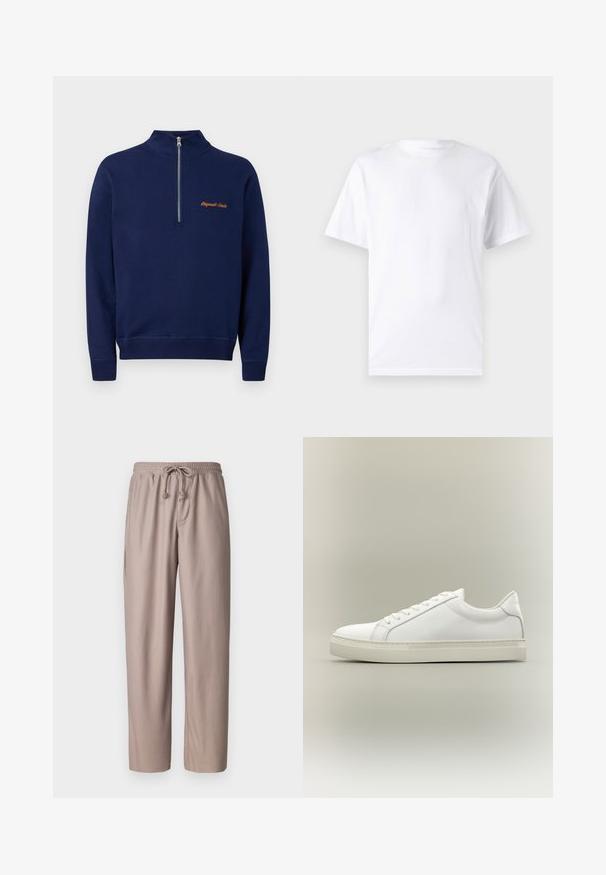 Marineblauwe trui met lange mouwen, een kwart rits aan de voorkant en kleine oranje tekst op de linkerborst met de tekst "Originals Studio."; Witte T-shirt met korte mouwen, gemaakt van katoen, met een ronde hals. Het heeft een gladde textuur en een eenvoudig ontwerp zonder patronen of accenten.; Lichtbruine drawstring-broek met een geribbelde textuur, elastische tailleband en zijzakken. Loose fit met rechte pijpen.; Witte lage sneaker met veters aan de voorkant en dikke zool, zijaanzicht tegen een neutrale achtergrond.
