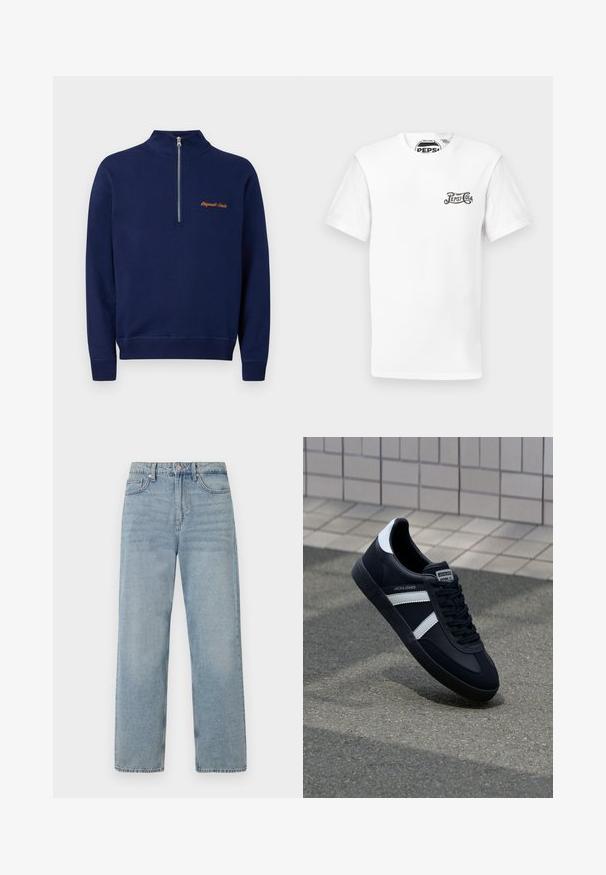Marineblauwe trui met lange mouwen, een kwart rits aan de voorkant en kleine oranje tekst op de linkerborst met de tekst "Originals Studio."; Wit T-shirt met korte mouwen en ronde hals, met een klein zwart "Pepsi-Cola" logo op de linkerkant van de borst en een merklabel in de nek.; Lichtblauwe denim jeans met een hoge taille, rechte pijpen, vijf-pocket stijl en subtiele vervaging voor een versleten effect.; Zwarte leren sneaker met witte strepen, een gestructureerde rubberen zool en vetersluiting aan de voorkant. Voorzien van een merklabel op de tong.