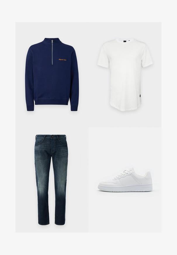 Marineblauwe trui met lange mouwen, een kwart rits aan de voorkant en kleine oranje tekst op de linkerborst met de tekst "Originals Studio."; Witte t-shirt met korte mouwen, gemaakt van katoen, met een ronde halslijn en een iets verlengde achterkant, voorzien van een klein logo-accent aan de zijkant.; Donkerblauwe rechte jeans van denim met lichte vervaging op de dijen en knieën, met knoop- en ritssluiting aan de voorkant en vijf-pocketstijl.; Witte sneakers van glad synthetisch materiaal, met platte veters, geperforeerde neus en een rubberen zool met een gestructureerd grippatroon.