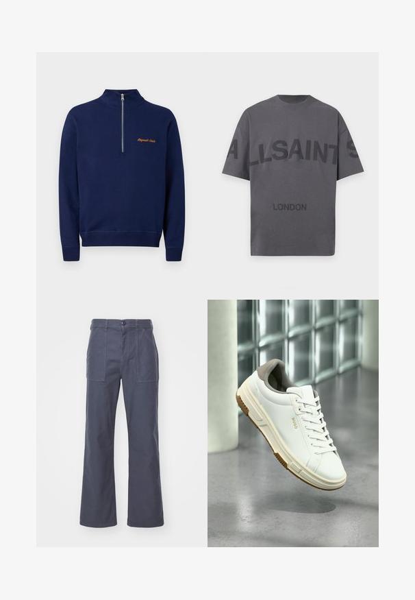 Marineblauer Pullover mit langen Ärmeln, einem Viertelreißverschluss vorne und kleinem orangefarbenem Text auf der linken Brust mit der Aufschrift „Originals Studio.“; Graues Baumwoll-T-Shirt mit Rundhalsausschnitt. Mit auffälligem schwarzen Text "ALLSAINTS" über der Brust und "LONDON" am unteren Ende. Kurze Ärmel.; Dunkelgraue, weit geschnittene Hose aus Baumwolle. Mit zwei vorderen Taschen und einem Knopfverschluss. Glatte Textur mit einem lässigen Design.; Weißer Sneaker mit beigen Akzenten, Gummisohle und Schnürsenkeln, mit der Marke "HUGO", platzierter über einem polierten Betonboden in der Nähe von Glasbausteinen.