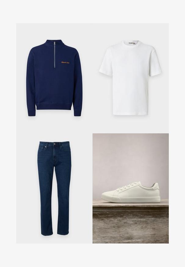 Tumesinine pika varrukaga pullover eest veerandi pikkuse luku ja vasakul rinnal väikese oranži tekstiga "Originals Studio."; Valge lühikeste varrukatega vahvlilõngast ümarakaelusega t-särk, mille krae siseküljel on väike brändi sildike, esitatud ühevärvsel taustal.; Tumed sinise denimi sirged säärega teksad viie tasku, vöökummidega ja metallist nööbiga vööl. Sile tekstuur ja klassikaline disain.; Valged nööpidega ketsid, mis hõljuvad puidust pingil rohelise lehestiku taustal, näidates uue disaini ja tekstuuri.
