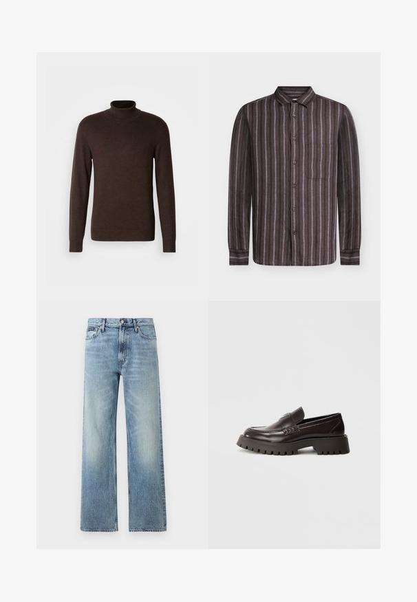 Bruine coltrui van zacht materiaal, met lange mouwen en een ribgebreide kraag. Glad oppervlak met een aansluitend ontwerp.; Samsøe Samsøe RYAN - Overhemd - regal orchid st.; Lichtblauwe denim jeans met rechte pijpen, een hoge taille, vijf zakken, knoopsluiting en subtiele vervaging op de dijen en knieën.; Bordeauxrode leren loafers met een dikke rubberen zool, gevlochten detail aan de voorkant en een geperst logo op de hiel. Soepele textuur, strak ontwerp.