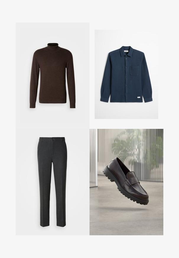 Bruine coltrui van zacht materiaal, met lange mouwen en een ribgebreide kraag. Glad oppervlak met een aansluitend ontwerp.; Marineblauw overhemd met knopen, textuur in wafelstof, lange mouwen, een enkele borstzak en een label aan de onderzoom.; Op maat gemaakte donkergrijze broeken van een zachte stof, met een knoopsluiting, twee voorkruiken en een rechte pijp.; Bruine leren instapschoen met een afgeronde neus en een stevige zwarte rubberen zool. Voorzien van een decoratief bandje over de wreef.