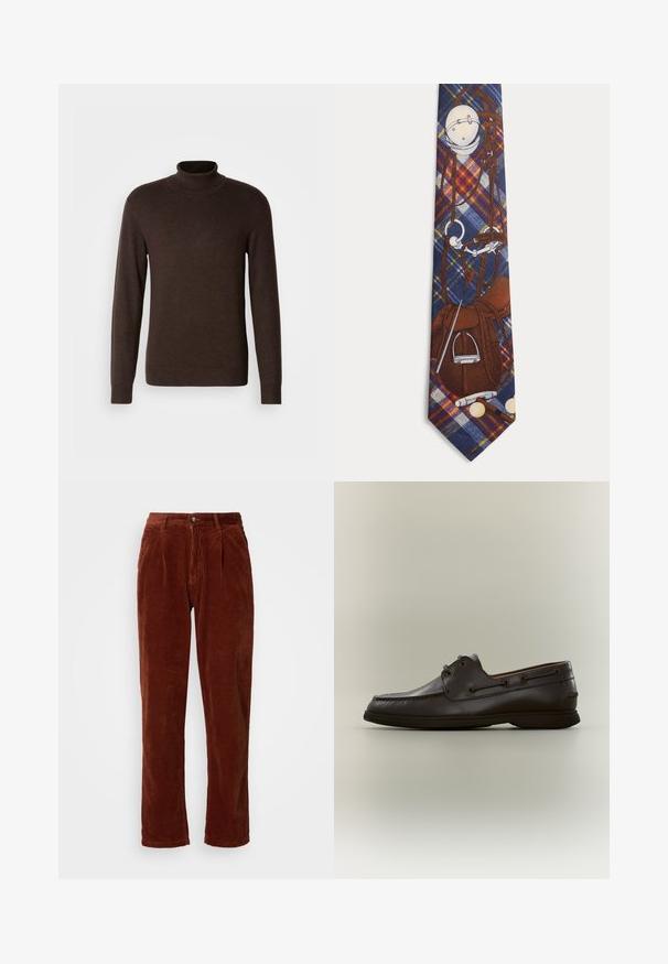 Pull en col roulé marron en matériau doux, avec des manches longues et un col côtelé. Texture lisse avec une coupe ajustée.; Pantalons en velours côtelé d'une riche couleur marron ; avec un devant plissé, des jambes droites et une fermeture à bouton à la taille.; Chaussure bateau en cuir marron foncé avec détails de lacets et semelle en caoutchouc, vue de profil sur un fond neutre.; Cravate avec un motif à carreaux présentant des illustrations détaillées d'équipement équestre, comprenant un casque, une selle, un étrier, une cravache et des balles de polo.