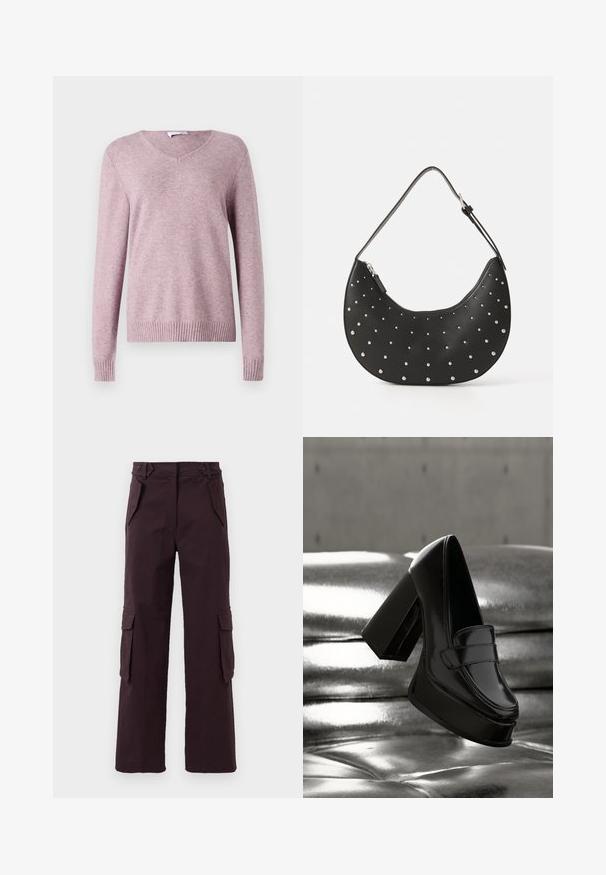VILA VIRIL V-NECK L/S KNIT TOP - NOOS - Trui - toadstool; Donkerpaarse rechte cargo-broek met klepzakken aan de zijkanten, schuin geplaatste voorkóppen en riemlussen in de taille.; Zwarte lakleren plateau loafer met stevige blokhak zwevend boven een glanzend metalen getufte oppervlak.; Zwarte leren handtas met een gebogen vorm, versierd met zilveren studs, voorzien van een ritssluiting en een enkele verstelbare schouderband.