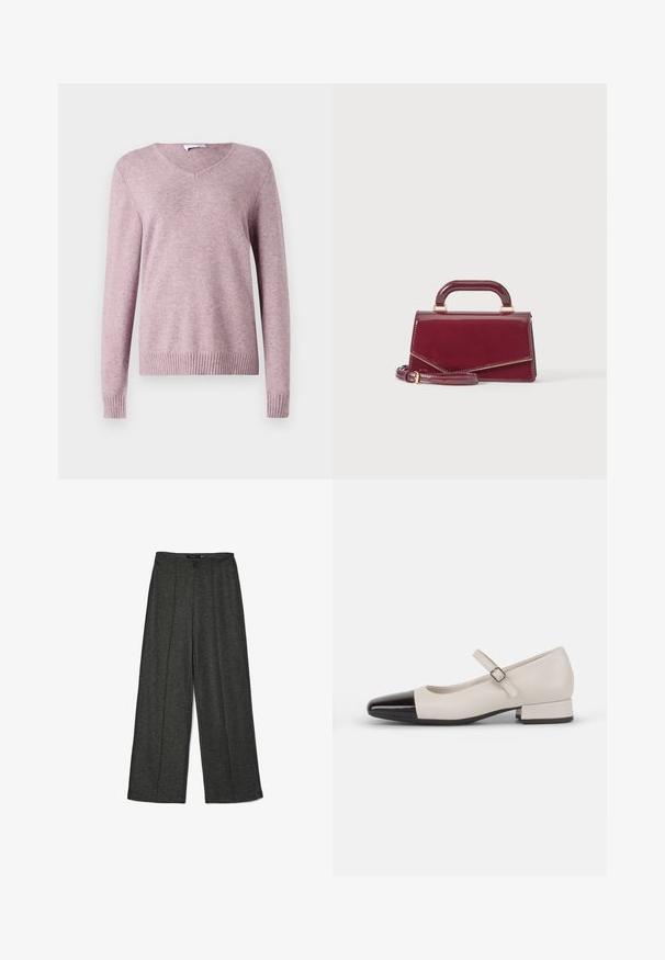 VILA VIRIL V-NECK L/S KNIT TOP - NOOS - Džemper - toadstool; Tumedhallid laiad püksid, mis on valmistatud tekstuuriga kangast, kõrge vöökoht ja kaks esistati, mis lisavad disainile detaili.; Kreemivärvi nahast Mary Jane stiilis kingad musta läikiva toe'ga. Omab ümmargust varvast, pahkluule paelaga vöö, madalat ploki kontsa.; Väike läikiv burgundi värvi käekott koos ülemise sangaga ja eemaldatava õlapaelaga, eksponeeritud ühevärvse hele tausta ees.