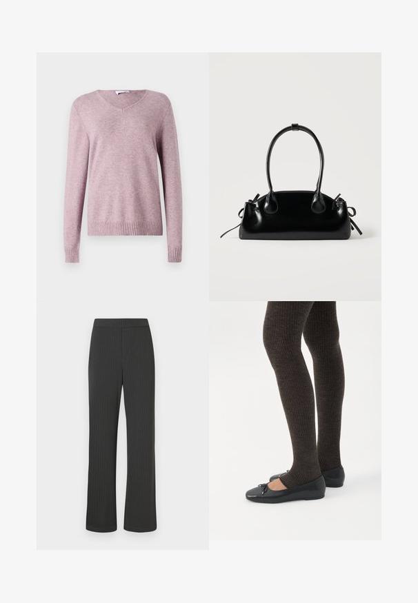 VILA VIRIL V-NECK L/S KNIT TOP - NOOS - Trui - toadstool; Zwarte gestreepte broeken met een rechte pijpdesign, voorzien van een elastische tailleband en een zachte, gestructureerde stof.; Benen met donkere geribbelde leggings gecombineerd met zwarte ballerina's met kleine strikdetails op een witte achtergrond.; Kleine zwarte glanzende handtas met twee lange hengsels en zijkant trekkoord details op een effen lichte achtergrond.