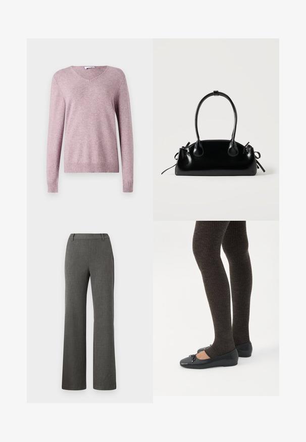 VILA VIRIL V-NECK L/S KNIT TOP - NOOS - Πουλόβερ - toadstool; Γκρι παντελόνι ευθείας γραμμής με υφή, διαθέτει επίπεδο μπροστινό μέρος, ζώνες και πλαϊνές τσέπες. Μινιμαλιστικός σχεδιασμός με καθαρή φινέτσα.; Πόδια με σκουρόχρωμα ριμπ κολάν συνδυασμένα με μαύρα μπαλαρίνα παπούτσια με μικρές λεπτομέρειες φιόγκων σε λευκό φόντο.; Μικρή μαύρη γυαλιστερή τσάντα με δύο μακριές λαβές και λεπτομέρειες με ρυθμιζόμενο κορδόνι στο πλάι σε απλό ανοιχτό φόντο.