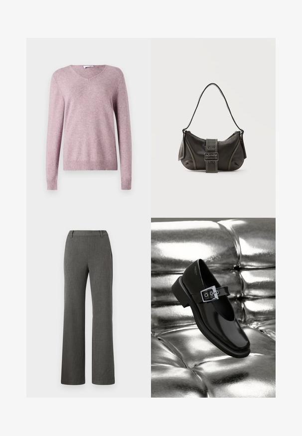 VILA VIRIL V-NECK L/S KNIT TOP - NOOS - Svetrík - toadstool; Sivé nohavice so rovnými nohavicami z textúrovaného materiálu, s plochým predným dielom, pútkami na opasok a bočnými vreckami. Minimálny dizajn s čistým spracovaním.; Čierne kožené topánky Mary Jane so štvorcovou špičkou, so striebornou prackou a masívnym nízkym opätkom, umiestnené na lesklom striebornom pozadí.; Čierna kožená kabelka cez rameno s detailom prackového popruhu, zaoblenými okrajmi a kontrastným bielym prešívaním na jednoduchom pozadí.