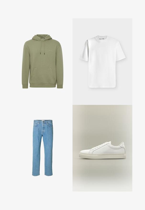 Olivegrüner Kapuzenpullover aus weichem Material. Verfügt über eine Taschenfront, verstellbare Kordeln und ein dezentes Logo auf der Brust.; Schlichtes weißes T-Shirt mit kurzen Ärmeln und Rundhalsausschnitt, flach auf einem hellgrauen Hintergrund liegend mit einem kleinen Markenlabel im Halsausschnitt.; Hellblaue Jeans aus Denim mit geradem Beinschnitt. Merkmale sind ein Knopfverschluss, fünf Taschen und gestickte Details entlang der Nähte.; Weißer Sneaker mit niedrigem Schaft, vorn mit Schnürung und dicker Sohle, aus der Seitenansicht vor neutralem Hintergrund.