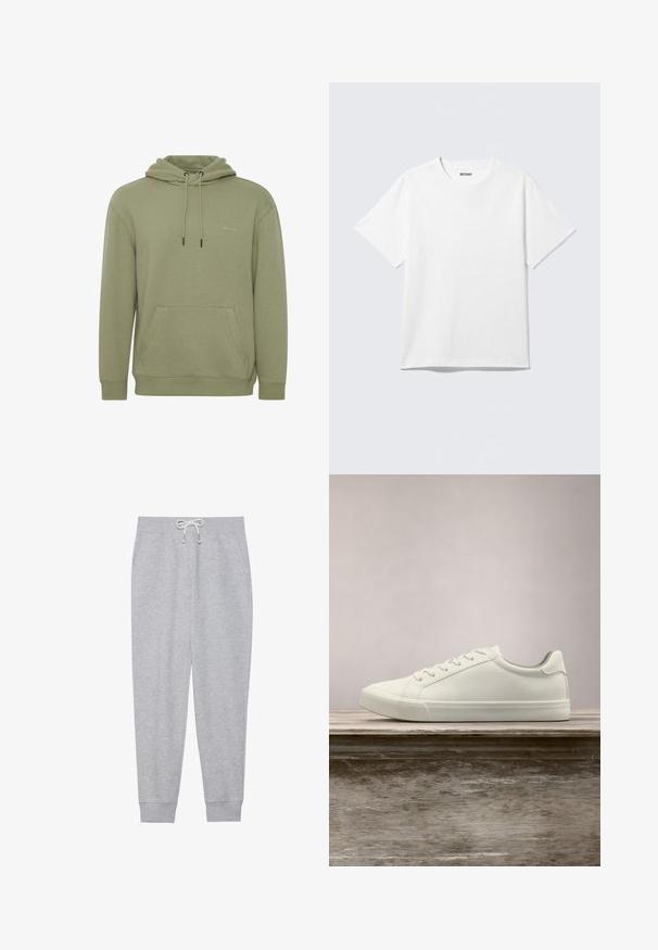 Olivegrüner Kapuzenpullover aus weichem Material. Verfügt über eine Taschenfront, verstellbare Kordeln und ein dezentes Logo auf der Brust.; Weißes T-Shirt mit kurzen Ärmeln und Rundhalsausschnitt, flach liegend, schlichtes Design, mit „WEEKDAY“-Etikett innen im Kragen auf hellem Hintergrund.; Graue Sweatpants aus weichem Stoff, mit einem elastischen Bund und einem Kordelzug, seitlichen Taschen und gerippten Bündchen an den Knöcheln.; Weiße Schnürsneaker, die über einer Holzbank mit grünem Laub im Hintergrund schweben und das Schuhdesign sowie die Textur zeigen.