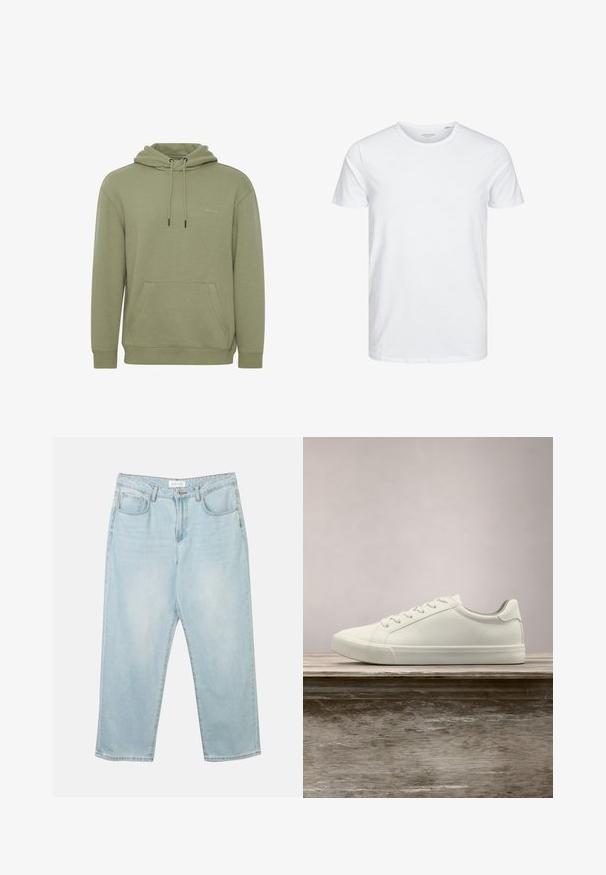 Olijfgroene hoodie gemaakt van zachte stof. Beschikt over een voorvak, verstelbare koorden en een subtiel logo op de borst.; Ronde hals kortemouwen t-shirt in effen wit, gemaakt van zachte katoen, heeft een eenvoudig ontwerp zonder zichtbare patronen of accenten.; Lichtblauwe denim jeans met een relaxte fit, vijf zakken, een knoopsluiting en subtiele vervaging. De textuur is glad en licht versleten.; Witte vetersneaker die boven een houten bank zweeft met groene bladeren op de achtergrond, waarbij het ontwerp en de textuur van de schoen worden getoond.