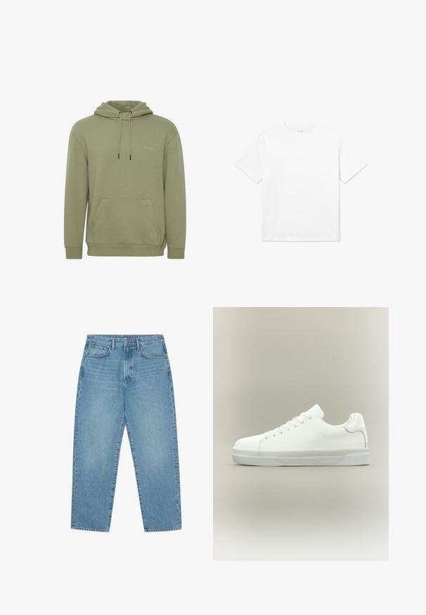 Sweat à capuche vert olive en tissu doux. Comprend une poche avant, des cordons de serrage ajustables et un logo subtil sur la poitrine.; T-shirt en coton blanc avec des manches courtes, un col rond et un ourlet droit. Texture lisse sans motifs ni accents visibles.; Jean en denim bleu clair avec une coupe droite, design cinq poches et une texture légèrement délavée. Dispose d'une fermeture à bouton et à glissière.; Baskets basses blanches à lacets, doté d'un col rembourré et d'une semelle en caoutchouc texturée, présentées de profil sur un fond neutre.