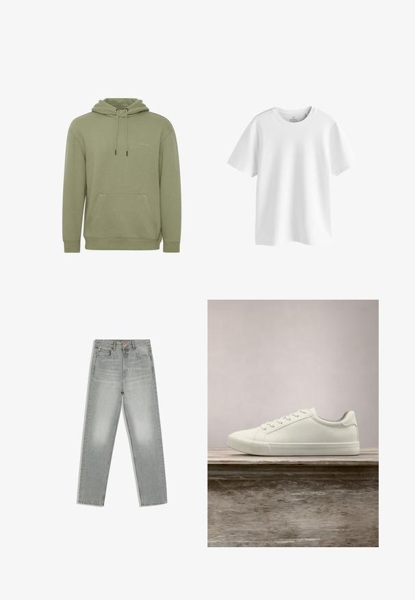 Olivegrüner Kapuzenpullover aus weichem Material. Verfügt über eine Taschenfront, verstellbare Kordeln und ein dezentes Logo auf der Brust.; Schlichtes weißes T-Shirt mit kurzen Ärmeln und Rundhalsausschnitt in regulärer Passform, auf weißem Hintergrund gezeigt.; Graue Jeans mit geradem Bein, fünf Taschen, Knopf- und Reißverschluss, flach auf weißem Hintergrund dargestellt.; Weiße Schnürsneaker, die über einer Holzbank mit grünem Laub im Hintergrund schweben und das Schuhdesign sowie die Textur zeigen.
