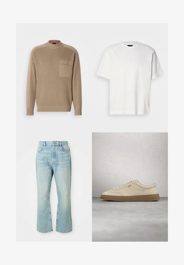 Beige strikket sweaterv med lange ærmer, ribbet krave og manchetter og en lomme på venstre bryst.; Hvid bomulds T-shirt med rund hals, korte ærmer og præget cirkulært logo på venstre bryst. Glat tekstur og normale pasform.; Lysblå denim flared jeans med høj talje, der har fem lommer, bæltestropper og en toned vævning.; Lyse beige ruskindssneaker med gummisål i farven gum, tydelige snørebånd og fine syningsdetaljer. Ren design med et minimalistisk æstetisk udtryk.