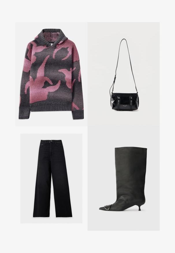 Pull en laine avec une capuche, mélange de couleurs grises et roses, avec un motif de formes abstraites. Poignets et ourlet côtelés.; Jean noir taille haute à jambes larges avec passants de ceinture, bouton à l'avant et poches à l'avant et à l'arrière.; Bottines en cuir noir à bout pointu, petite talon et détail métallique sur le bout. Texture lisse et mate partout.; Sac à bandoulière en cuir noir avec sangle réglable, deux fermetures éclair verticales sur le devant et un petit emblème métallique en forme d'aile sous les fermetures éclair.