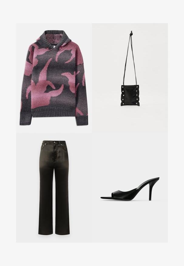 Pull en laine avec une capuche, mélange de couleurs grises et roses, avec un motif de formes abstraites. Poignets et ourlet côtelés.; Pantalon large en satin noir avec une taille haute, doté de poches latérales et d'accents en boutons métalliques. Texture lisse et design épuré.; Mule à talon haut en cuir noir à bout ouvert avec un talon stiletto fin, vue de profil sur un fond uni.; Sac bandoulière en cuir noir avec un design texturé et froncé. Équipé d'œillets en ton argent et d'une sangle nouée pour une longueur ajustable.
