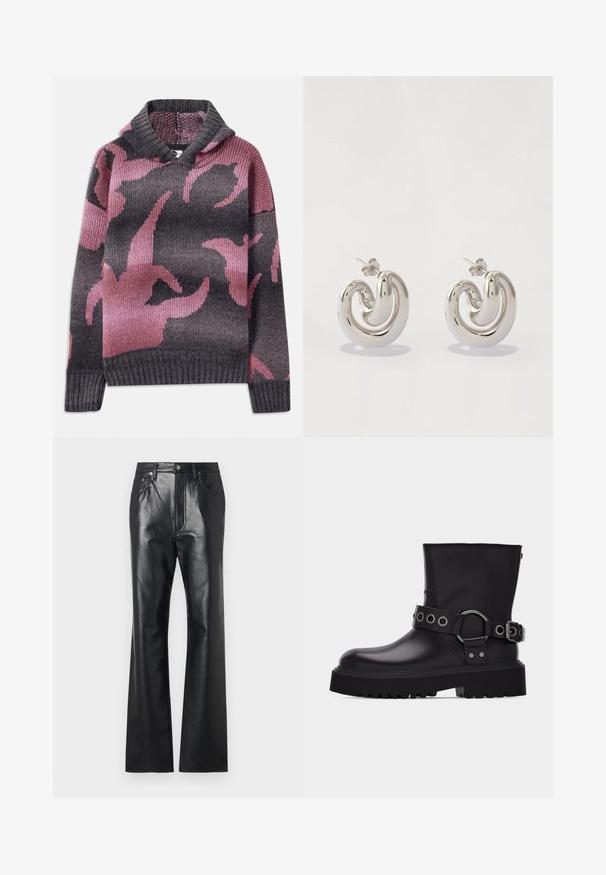 Pull en laine avec une capuche, mélange de couleurs grises et roses, avec un motif de formes abstraites. Poignets et ourlet côtelés.; Pantalons en cuir noir avec une texture lisse, design à jambe évasée, fermeture éclair à l'avant et passants de ceinture. Présente des accents de couture subtils.; Botte en cuir noire mi-mollet avec semelle épaisse à crampons, bride décorative avec œillets en métal argenté et boucle latérale.; Boucles d'oreilles en métal argenté avec un design tourbillonnant, présentant des surfaces lisses et une finition polie, maintenues par un fermoir en papillon.