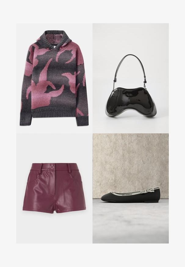 Strikpullover med hætte, i en blanding af grå og pink farver, med et mønster af abstrakte former. Ribbet kant og ærmer.; Burgunderfarvede shorts i imiteret læder med en tætsiddende pasform, der har frontlommer og en glat, blank tekstur. Synlige syningsdetaljer ved taljen.; Sort flad sko med ribbet tekstur, cremefarvet kant og en dekorativ sløjfe. Logo synligt på kanten. Sat på en lys, blød overflade.; Sort patentlæder håndtaske med en unik buet form, kort justerbar hank og en lynlåslukning i toppen. Glat tekstur med diskret branding.