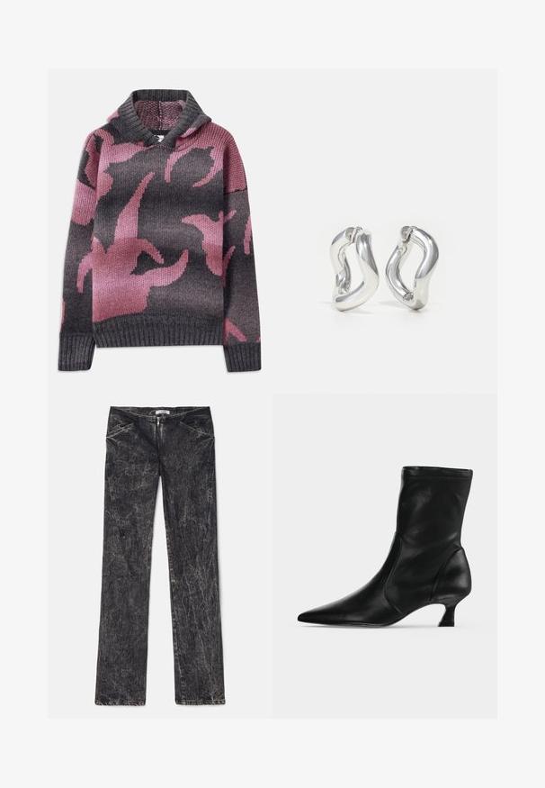 Pull en laine avec une capuche, mélange de couleurs grises et roses, avec un motif de formes abstraites. Poignets et ourlet côtelés.; Pantalon en denim noir au texture usée, avec des poches avant, une fermeture éclair et un design à jambes droites.; Botte mi-mollet en cuir noir avec bout pointu et petit talon kitten, vue de profil sur un fond clair uni.; Boucles d'oreilles créoles argentées avec un design torsadé. Bords arrondis et finition brillante. Fermoirs ouverts pour un port facile. Texture lisse sur toute la surface.
