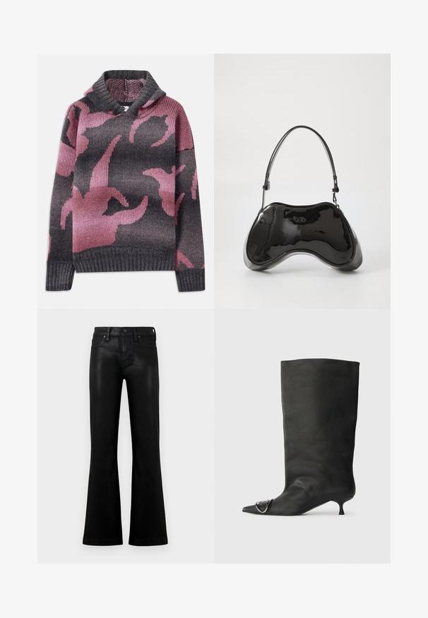 Pull en laine avec une capuche, mélange de couleurs grises et roses, avec un motif de formes abstraites. Poignets et ourlet côtelés.; Jean noir taille haute avec une légère évasement, fermeture avant par bouton et fermeture éclair, et style à cinq poches sur un fond clair uni.; Bottines en cuir noir à bout pointu, petite talon et détail métallique sur le bout. Texture lisse et mate partout.; Sac à main en cuir verni noir avec une forme incurvée unique, une anse courte et ajustable, et une fermeture zippée. Texture lisse avec un branding discret.