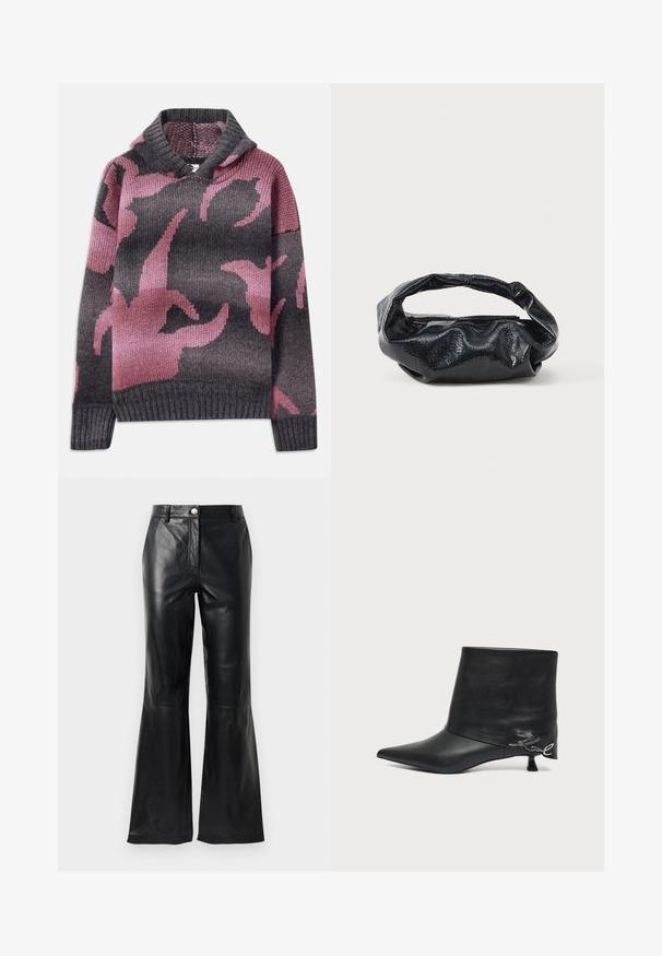 Pull en laine avec une capuche, mélange de couleurs grises et roses, avec un motif de formes abstraites. Poignets et ourlet côtelés.; Pantalons en faux cuir noir avec taille haute, fermeture à boutons, passants de ceinture et jambes évasées sur fond blanc.; Bottine en cuir noir avec bout pointu, petit talon kitten et détail écrit argenté près du talon.; Sac noir en matériau texturé et brillant avec une poignée circulaire torsadée et une fermeture éclair. Présente un design doux et froissé.