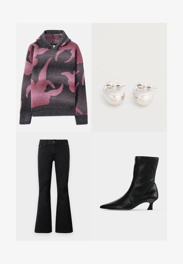 Pull en laine avec une capuche, mélange de couleurs grises et roses, avec un motif de formes abstraites. Poignets et ourlet côtelés.; Jeans noirs taille haute avec fermeture à bouton et zip à l'avant, deux poches avant, et jambes évasées, posés à plat sur fond blanc.; Botte mi-mollet en cuir noir avec bout pointu et petit talon kitten, vue de profil sur un fond clair uni.; Paire de boucles d'oreilles argentées brillantes et épaisses avec fermoirs à tige, sur fond blanc uni.