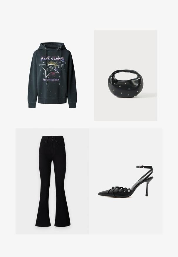 Must must, millevoodi kangast, millel on graafiline trükk "Pepe Jeans London" ja "West Eleven", nööriga kapuuts ja tähtede aksessuaared.; Pepe Jeans FLARE CONTOUR - Alt laienevad teksad - black denim; Mustad terava ninaga kõrge kontsaga kingad laineliste servadega, metallist silmadega, ees nööriga ja pahkluu rihmaga, mis kinnitub pandlaga.; Mustast nahast ümmarguse kujuga käekott, kaunistatud hõbedaste naeladega, lühikese sangaga. Sile tekstuur ja tõmblukuga sulgemine.