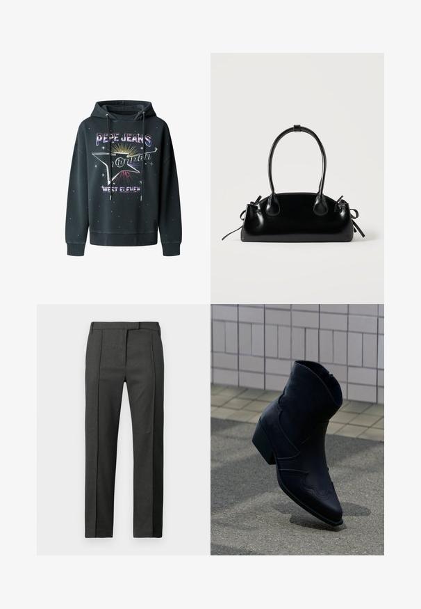 Sudadera negra de forro polar, con un estampado gráfico que incluye "Pepe Jeans London" y "West Eleven", capucha con cordones y acentos de estrellas.; Pantalones ajustados de color gris oscuro con pliegues en la parte delantera, presillas para cinturón y un cierre frontal oculto, exhibidos sobre un fondo blanco.; Botín de cuero negro con tacón bajo, costuras decorativas y punta afilada, colocado de pie sobre una superficie pavimentada junto a una pared con azulejos.; Pequeño bolso negro brillante con dos asas largas y detalles de cordón lateral sobre un fondo claro liso.