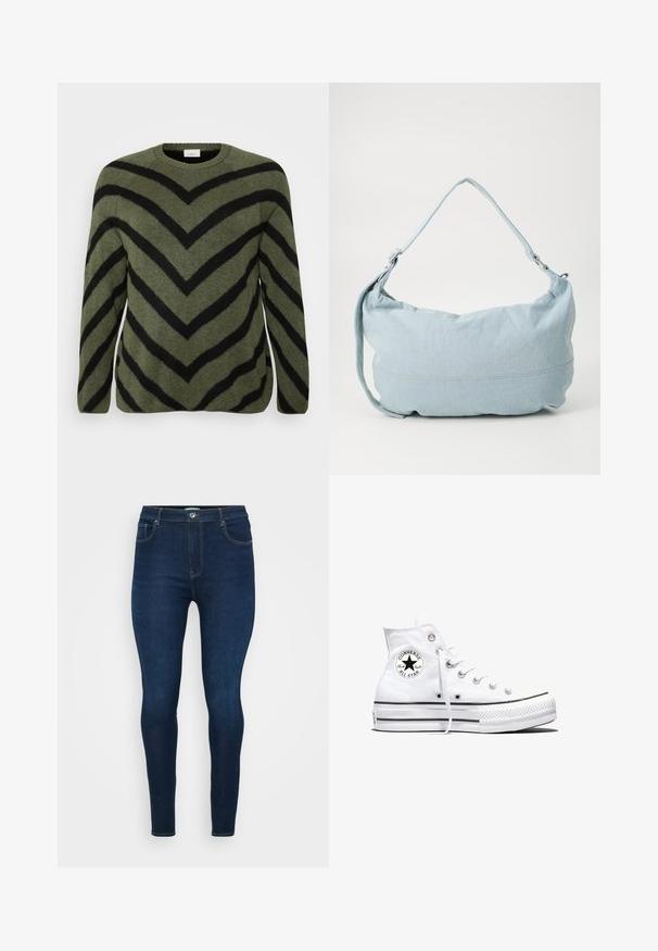 Grønt sweater med sorte chevron-striber. Rund halsudskæring, lange ærmer og blød tekstur. Lige kant med lette sideslidser.; Denim jeans i mørkeblå, med en tætsiddende pasform, mellemhøj talje, fem lommer og kontrastsyninger langs sømmene og lommene.; Hvid højtop Converse Chuck Taylor All Star-sneaker med sort logo-patch og hvide snørebånd, vist på hvid baggrund.; Lysblå denim skuldertaske i en rund form, justerbar rem og diskret syning langs den nederste kant. Blød tekstur.