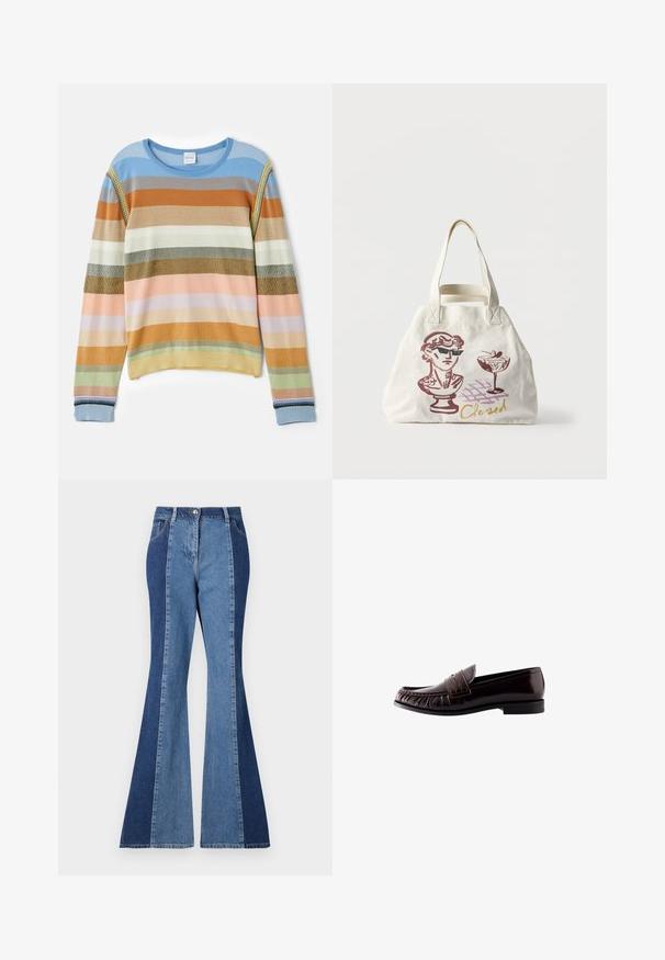 Strikket sweater med striber i blå, orange, grøn og pastelfarver. Har ribbet tekstur, rund halsudskæring og dekorative detaljer på ærmerne.; Flarende jeans med et tofarvet design bestående af mørke og lyse blå denim paneler, en frontknaplukning og klassisk lomme-styling.; Mørkebrun læder penny loafer med syning på tåen, lav hæl og stropdetalje tværs over toppen, vist i sideprofil mod hvid baggrund.; Kremfarvet mulepose med illustrationer af en buste iført solbriller, et cocktailglas med kirsebær og ordet "Closed" skrevet med kursiv.