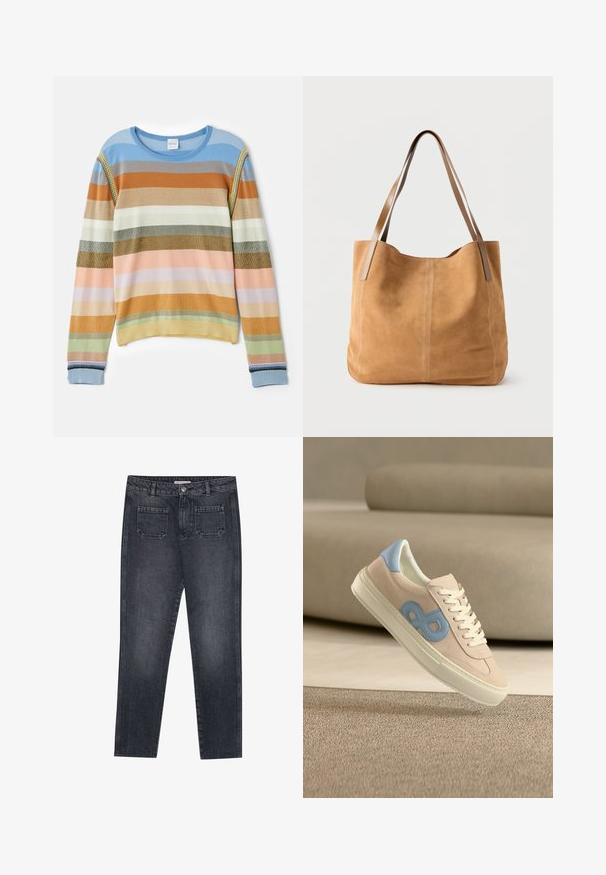 Strikket sweater med striber i blå, orange, grøn og pastelfarver. Har ribbet tekstur, rund halsudskæring og dekorative detaljer på ærmerne.; Mørkegrå denim jeans med lige benpasform. Har to baglommer, knaplukning og bæltestropper. Subtil falmningstekstur.; Beige sneaker med hvide snørebånd og blå logodetalje, der svæver over et tekstureret beige tæppe mod en blød beige baggrund.; Beige ruskindtaske med lange lysebrune læderstropper, blød tekstur og enkel syning på en ensfarvet hvid baggrund.