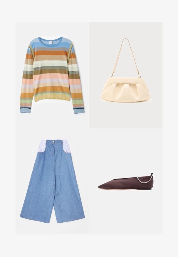 Strikket sweater med striber i blå, orange, grøn og pastelfarver. Har ribbet tekstur, rund halsudskæring og dekorative detaljer på ærmerne.; Vide ben denimbukser i lyseblå med kontrasterende lyserøde elastiske lommer. Har en frontknaplukning og synlige sømdetaljer.; Mørkebrun flad sko med spids tå, lav hæl og en sølvfarvet rhinstenkæde detalje bagpå.; Cremefarvet læderhåndtaske med sammenrullede plisseringer, guldfarvet hardware og en enkelt tynd skulderrem på en ensfarvet baggrund.