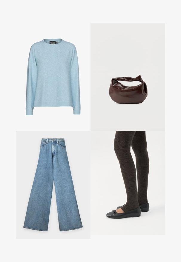Heleheline sinine sviiter ümmarguse kaelusega, pikad raglansleeved ja ribitud varrukateotega. Valmistatud pehmest materjalist, millel on peen tekstuur.; Good American PANELED WIDE LEG - Wide leg - indigo; Jalad seljas tumedad soonelises soonelises kombines mustade baleriinadega, millel on väikesed paelade detailid valgel taustal.; Tumepruunast nahast õlakott, pehme ja lõdva vormiga, keeratud sõlme tüüpi sangaga, valgel ühevärvilisel taustal.