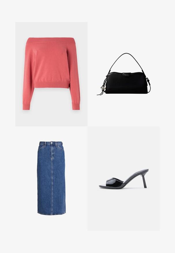 Pull corail à épaules dénudées avec des manches longues, col et poignets côtelés, et une taille ajustée. Tissu doux et texturé.; Jupe midi en denim bleu moyen avec une coupe droite, fermeture à bouton sur le devant, deux poches latérales et des coutures visibles pour texturer.; Sandales à talons ouverts en cuir verni noir, avec un design supérieur incurvé et un talon aiguille effilé. Finition lisse et brillante.; Sac à main rectangulaire noir Calvin Klein avec une seule sangle supérieure, un charm logo argenté et une petite fermeture à rabat sur le devant.