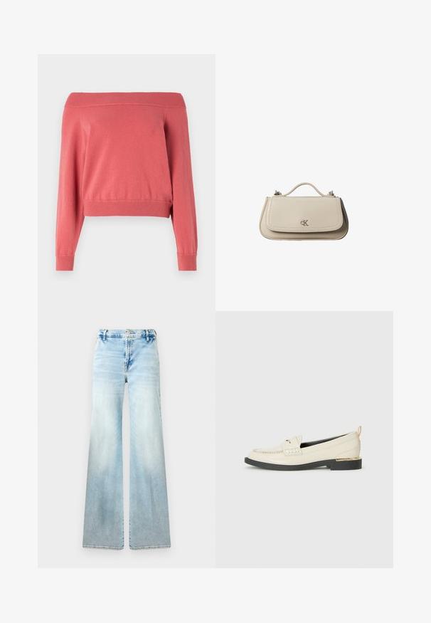 Pull corail à épaules dénudées avec des manches longues, col et poignets côtelés, et une taille ajustée. Tissu doux et texturé.; Jean évasé bleu clair en denim. Présente un délavage, des poches standard et une fermeture à bouton à la taille.; Mocassin en cuir crème avec une sangle décorative, des détails cousus et une semelle noire basse accentuée d'un talon doré.; Petit sac à main en cuir beige avec poignée supérieure et logo CK argenté sur le rabat avant, présenté sur fond blanc.