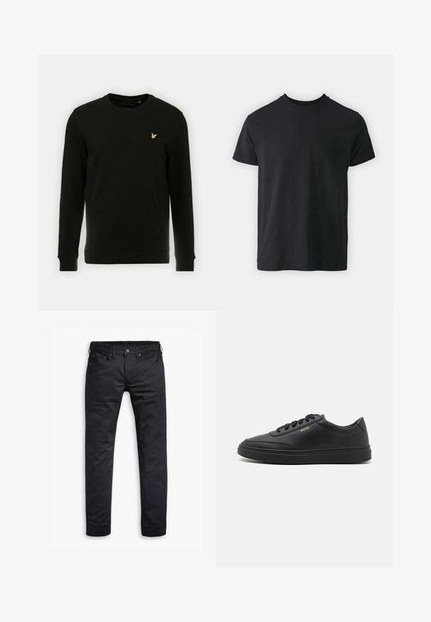 Zwarte sweatshirt van katoen, met lange mouwen en een ronde hals. Opvallend geel vogel logo op de linkerborst. Zachte textuur.; Zwart katoenen T-shirt met korte mouwen, ronde hals en een relaxte pasvorm. Glad textuur en rechte zoom, geen zichtbare graphics of patronen.; Zwarte slim-fit jeans met voorzakken, riemlussen en een knoopsluiting, plat weergegeven tegen een witte achtergrond.; Zwarte leren sneakers met een gladde textuur, ronde neus, platte rubberen zool en tonale veters. Kenmerkt zich door de gouden "BOSS" branding aan de zijkant.