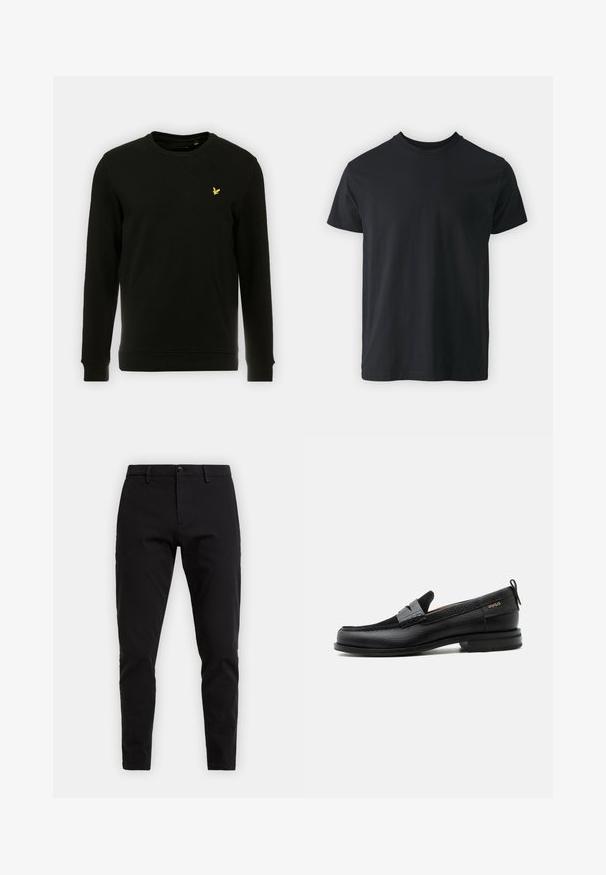 Sweatshirt noir en coton, avec des manches longues et un col rond. Logo d'oiseau jaune remarquable sur la poitrine gauche. Texture lisse.; T-shirt noir en coton à manches courtes avec un col rond et une coupe décontractée. Texture lisse et ourlet droit, sans graphismes ni motifs visibles.; Pantalon en coton noir avec une coupe slim. Comprend une fermeture à bouton, des passants de ceinture et des poches latérales. Texture lisse sans motifs visibles.; Mocassin en cuir noir avec détail de bride grise, talon bas et semelle texturée, marqué "HUGO" en or sur le côté.