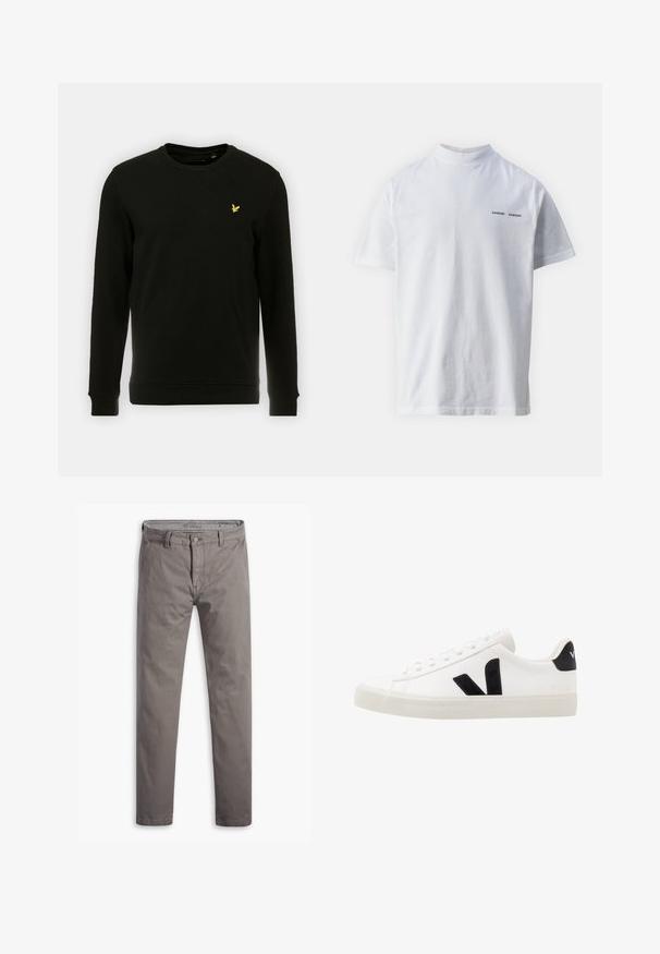 Zwarte sweatshirt van katoen, met lange mouwen en een ronde hals. Opvallend geel vogel logo op de linkerborst. Zachte textuur.; Witte katoenen t-shirt met een hoge hals en korte mouwen. Voorzien van het 'SAMSØE SAMSØE' logo in het zwart op de voorkant. Glad van textuur.; Grijze chino's met een gladde textuur, rechtlopende pasvorm, standaard vijf-pocket styling en een metalen knoop aan de taille.; Witte leren sneaker met zwarte suède accenten; voorzien van een rubberen zool, ronde neus en een klassieke vetersluiting. Zijkant met logo in het zwart.