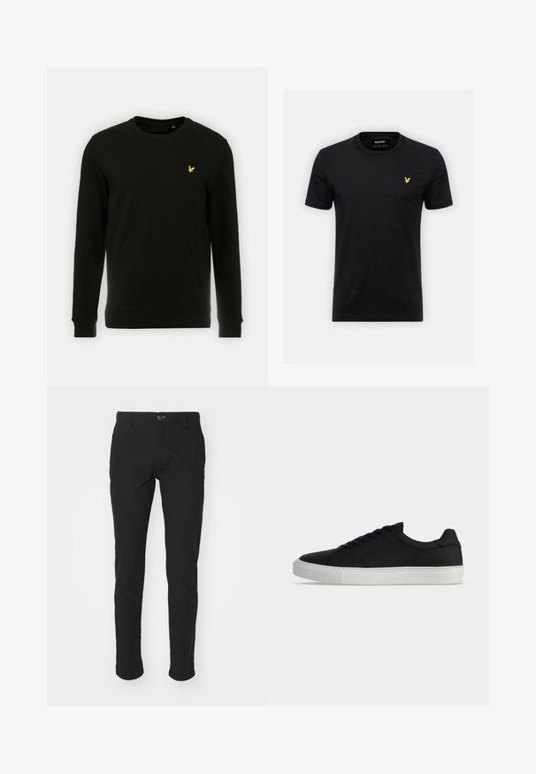 Sweatshirt noir en coton, avec des manches longues et un col rond. Logo d'oiseau jaune remarquable sur la poitrine gauche. Texture lisse.; T-shirt en coton noir avec un col rond et des manches courtes, arborant un petit logo d'aigle jaune sur la poitrine gauche. Design simple.; Chinos noirs en tissu mélangé de coton, au design ajusté, présentant une fermeture à bouton marron, deux poches latérales et des ourlets retroussés.; Baskets basses noires avec lacets noirs et semelle épaisse blanche en caoutchouc, vues de profil extérieur sur un fond gris clair uni.