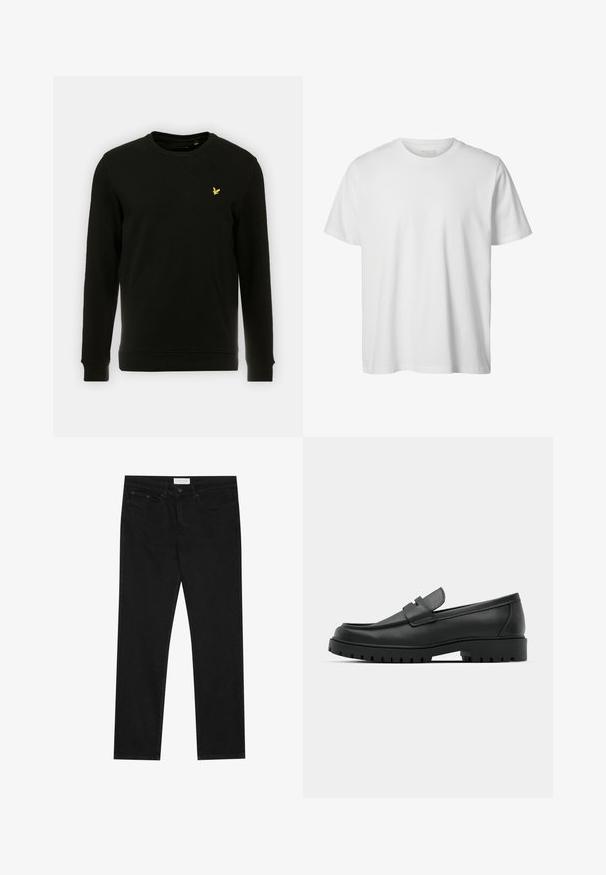 Sweatshirt noir en coton, avec des manches longues et un col rond. Logo d'oiseau jaune remarquable sur la poitrine gauche. Texture lisse.; T-shirt blanc uni à manches courtes, col rond, coupe décontractée, sans logos ni motifs visibles à l'avant.; Jean droit noir avec un design à cinq poches, fermeture à bouton et zip, et une étiquette de marque Pier One sur la taille.; Mocassins en cuir noir à bout arrondi, avec un design cousu, une semelle plateforme basse et une semelle en caoutchouc texturée et crantée.