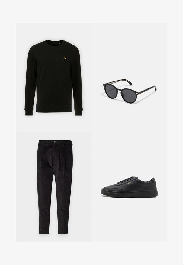 Sweatshirt noir en coton, avec des manches longues et un col rond. Logo d'oiseau jaune remarquable sur la poitrine gauche. Texture lisse.; Pantalons en velours côtelé noir avec une finition texturée, présentant une jambe droite, un devant plissé et une taille élastique pour plus de confort.; Baskets en cuir noir avec une texture lisse, bout rond, semelle en caoutchouc plate et lacets ton sur ton. Présente une marque "BOSS" dorée sur le côté.; BOSS Lunettes de soleil - black