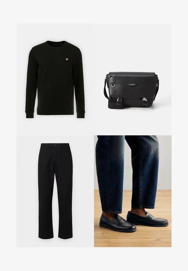 Schwarzer Sweatshirt aus Baumwolle mit langen Ärmeln und einem Rundhalsausschnitt. Auffälliges gelbes Vogel-Logo auf der linken Brust. Angenehme, glatte Textur.; GAP SLIM PERFORMANCE STRETCH - Chino - true black; Schwarze Lederlofer mit gestickten Details und strukturierten Akzenten, getragen mit dunklem Denim, der ein lässiges und schlankes Design zur Schau stellt.; Schwarze, strukturierte Lacoste-Umhängetasche mit verstellbarem Tragegurt, Frontklappe, Reißverschlusstasche und Metallschnallen.