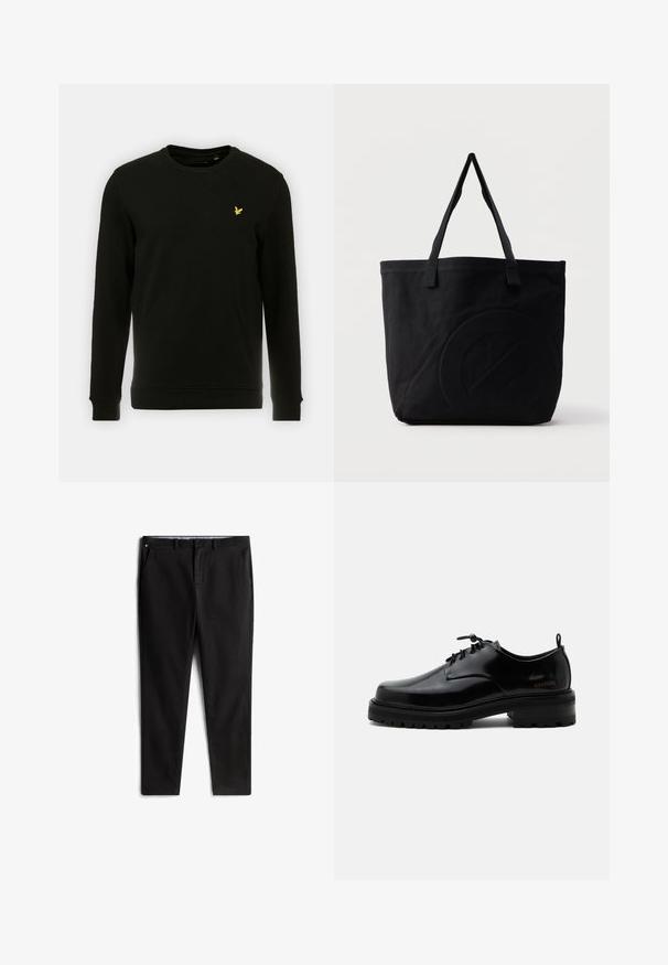 Zwarte sweatshirt van katoen, met lange mouwen en een ronde hals. Opvallend geel vogel logo op de linkerborst. Zachte textuur.; Zwarte chino's van een katoenmix, met een recht model, voorzakken en een subtiele logo-detail op de tailleband.; Zwarte gepolijste leren veterschoen met dikke rubberen zool en lage hak, zijmerktekst "SAMSOE" en een achterste aantreklus.; Zwarte canvas tas met twee schouderbanden en een subtiel, ingebosseleerd cirkelvormig ontwerp aan de voorkant.
